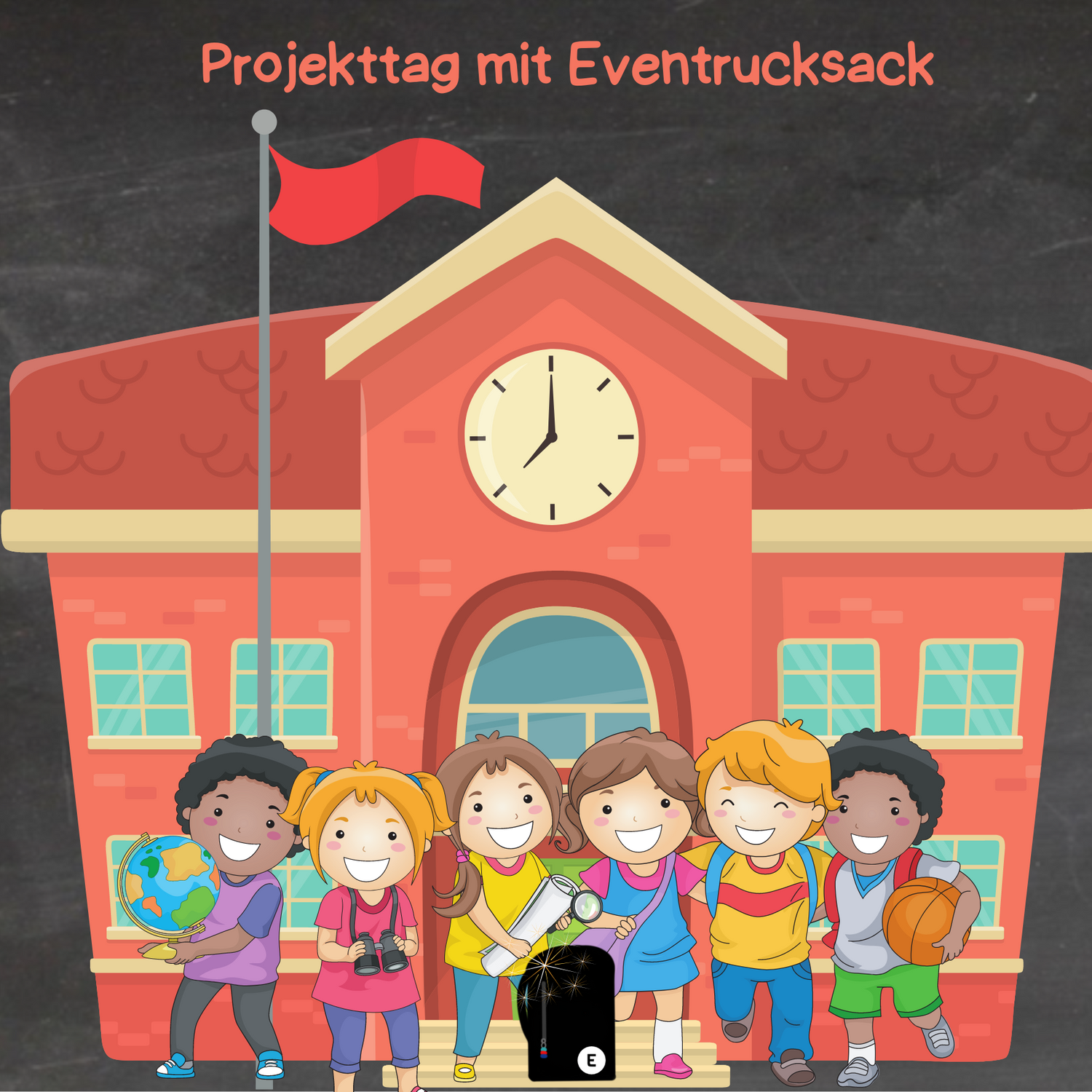 Schulkinder stehen vor einer Schule und freuen sich auf einen Wandertag mit Eventrucksack