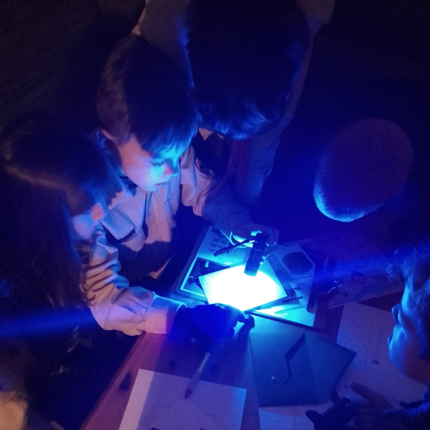 Auf einem Kindergeburtstag suchen die Detektive gemeinsam nach Spuren mit einer UV Lampe