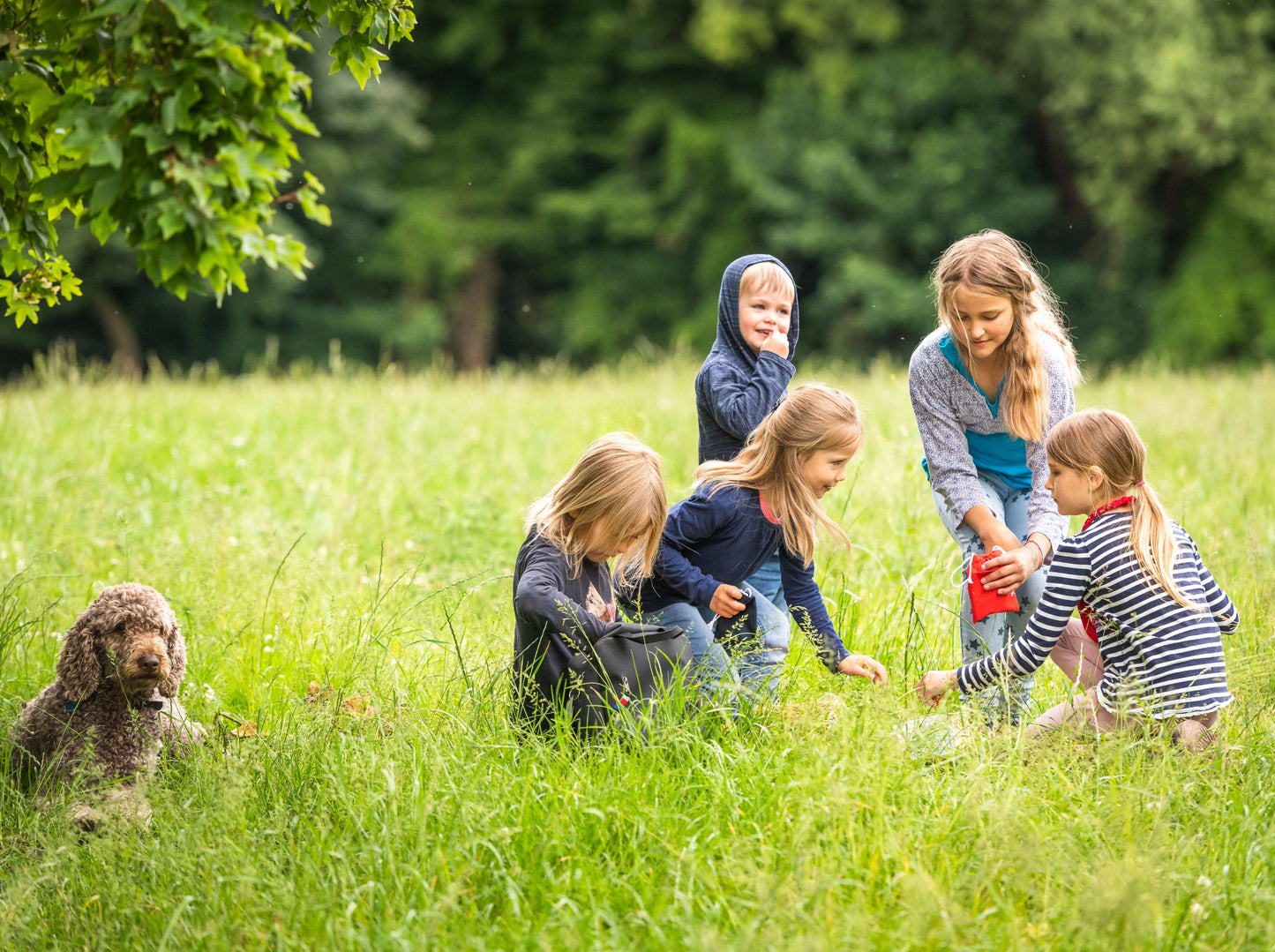 Kinder Packen zu Beginn des Kindergeburtstages den Eventrucksack die Waldentdecker-Tour auf einer Wiese aus