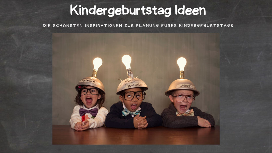 Kindergeburtstag Ideen: Drei Kinder sitzen an einem Tisch und haben Helme mit leuchtenden Lichtern auf.