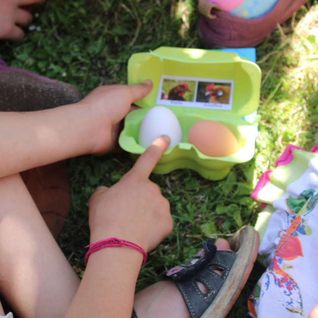 Kinder auf einem Kindergeburtstag raten, welches Ei zu welchem Huhn gehört.
